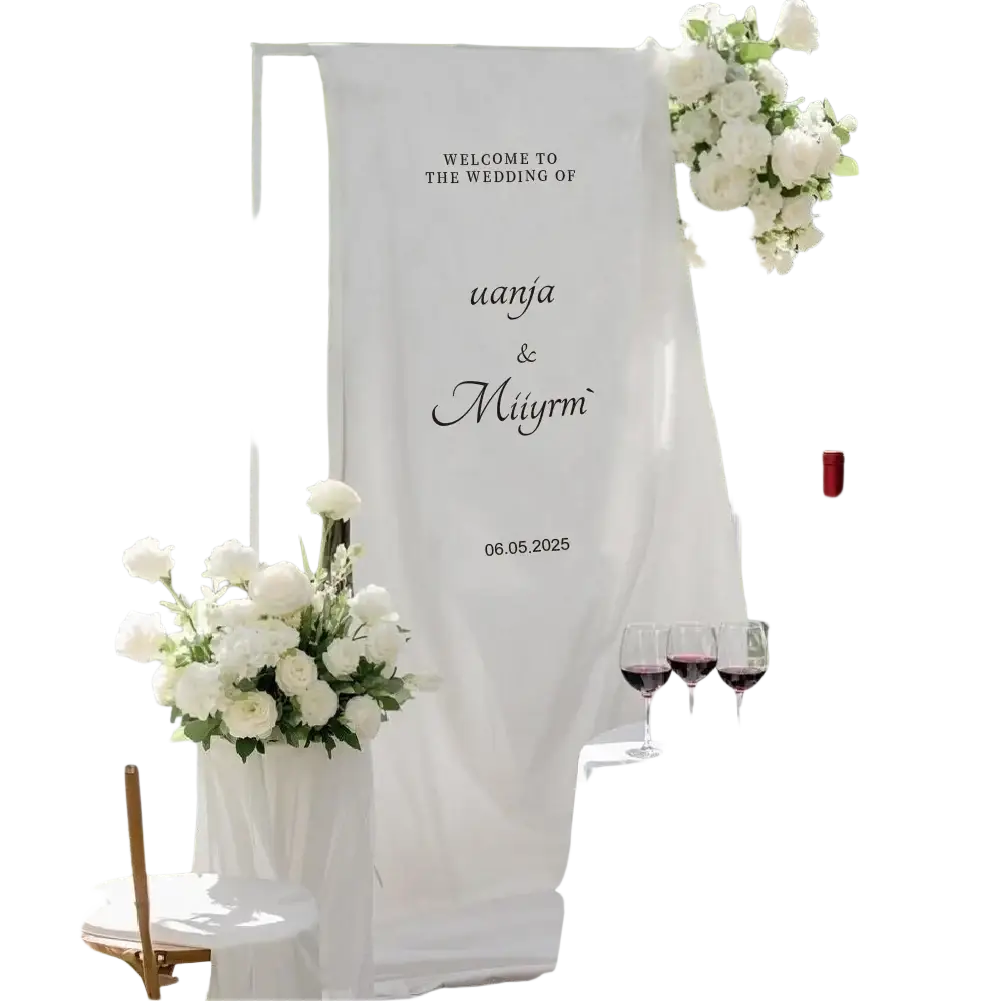 Personalized fabric wedding welcome sign in white with black cursive script and custom date for wedding decoration