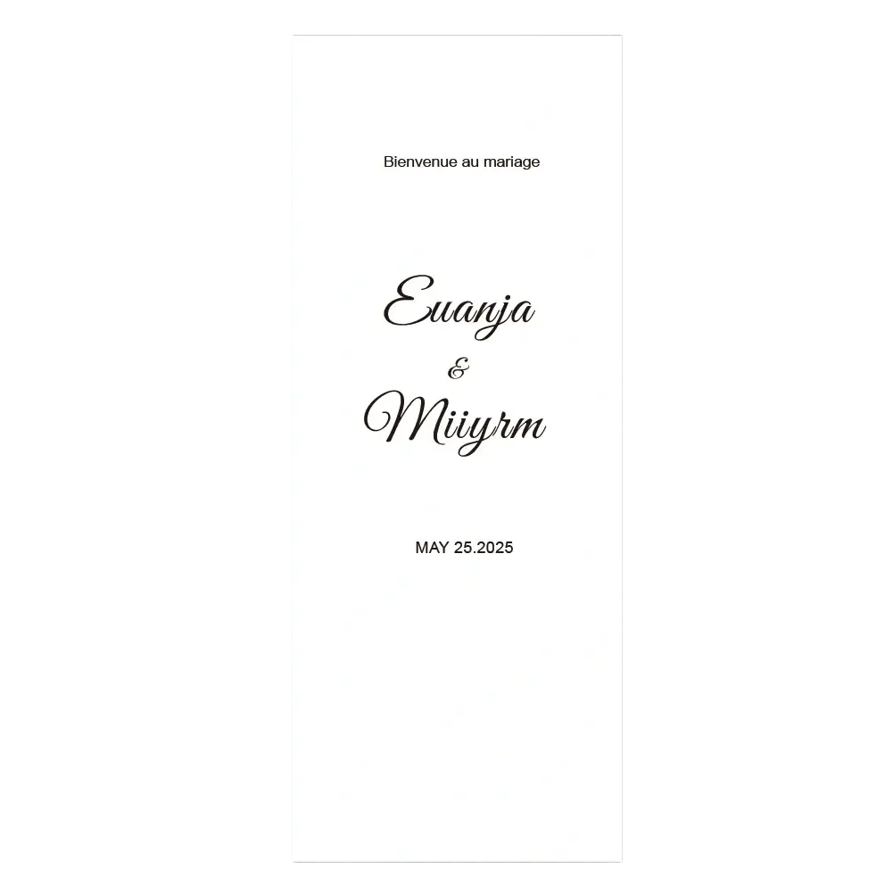Personalized fabric wedding welcome sign featuring a white invitation card with black cursive script on a dark background