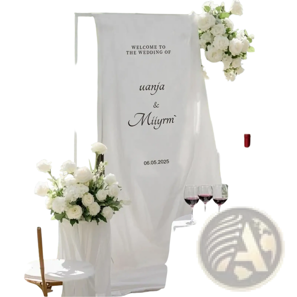 Personalized fabric wedding welcome sign in white with black cursive script and custom date for wedding decoration