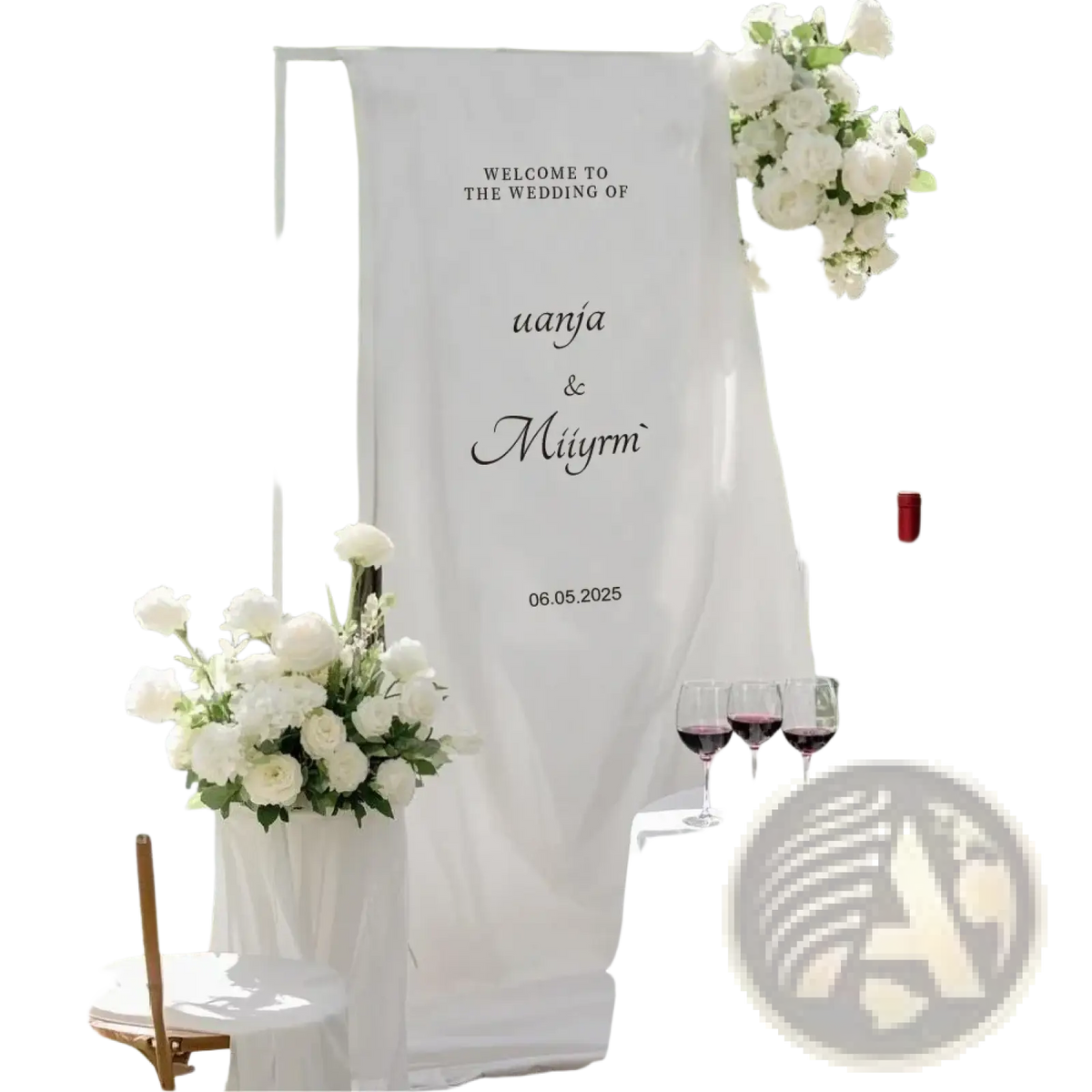 Personalized fabric wedding welcome sign in white with black cursive script and custom date for wedding decoration