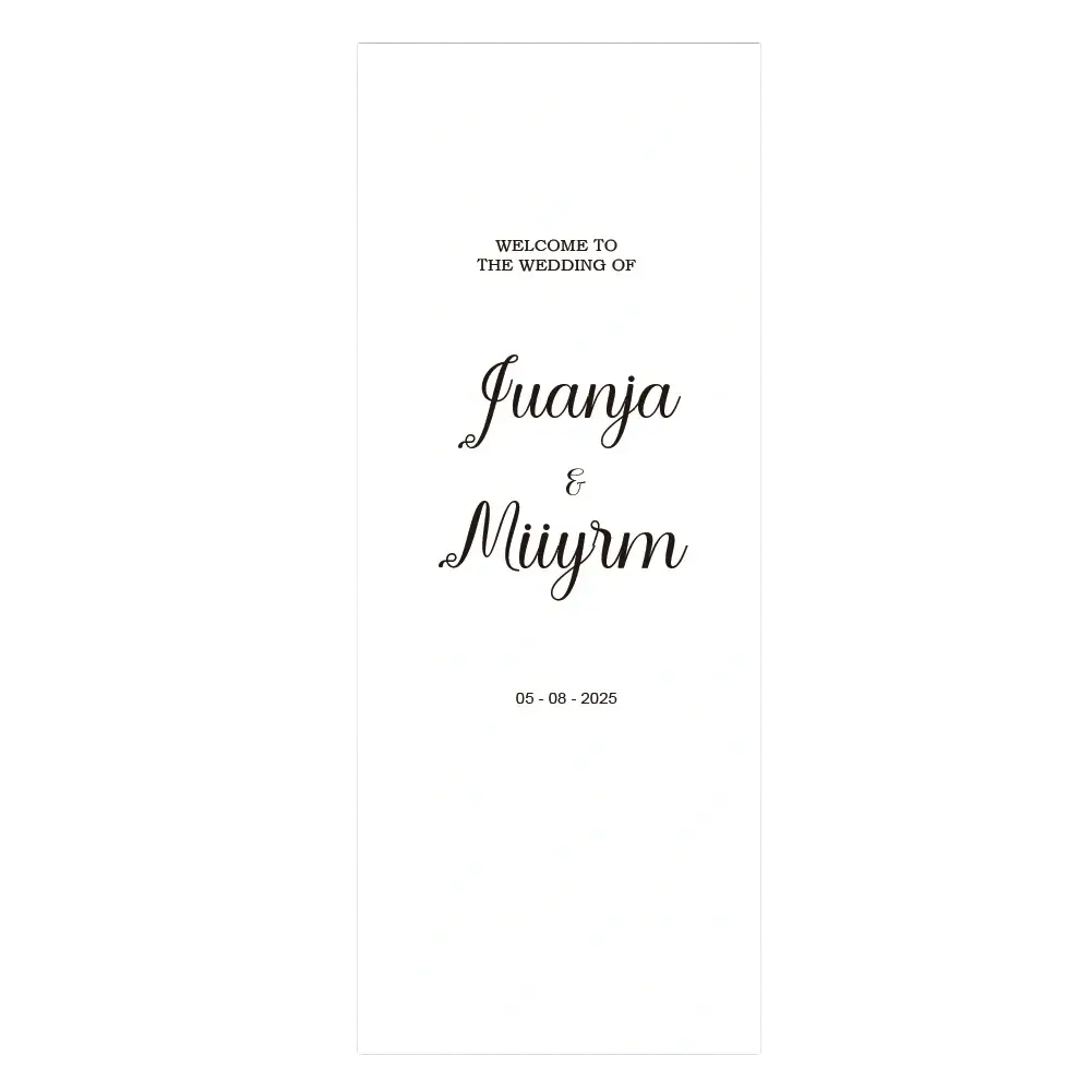 Personalized fabric wedding welcome sign in white with black cursive script for juanja and miiyrm wedding dates displayed