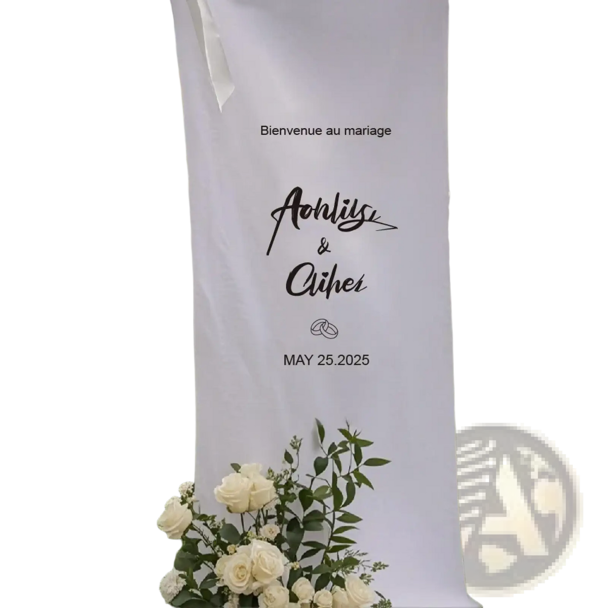 Personalized white fabric wedding welcome sign with black cursive script and custom date banner for wedding decor