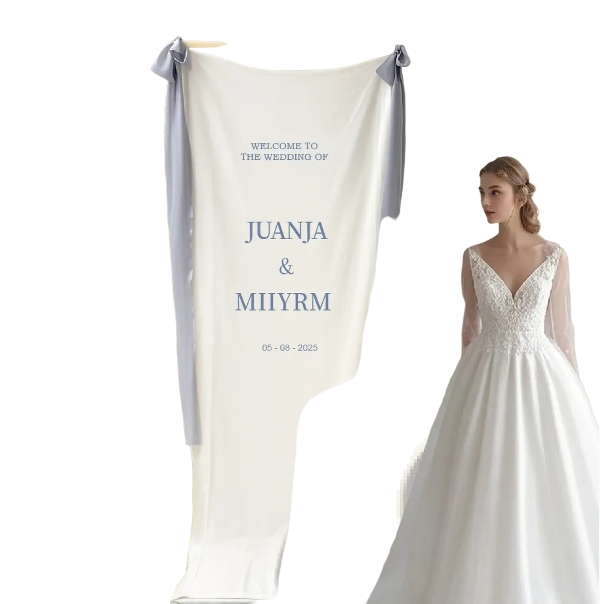 Personalized fabric wedding welcome sign with light blue text and ribbon ties featuring names juanja and miyrm date 05-08-2025