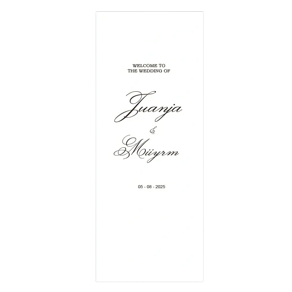 Personalized fabric wedding welcome sign in white with black cursive script and minimalist design