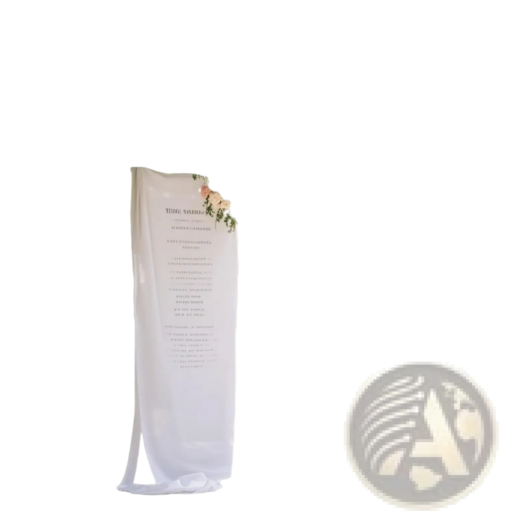 Personalized fabric wedding welcome sign custom banner with flowing white fabric and delicate pink floral arrangements
