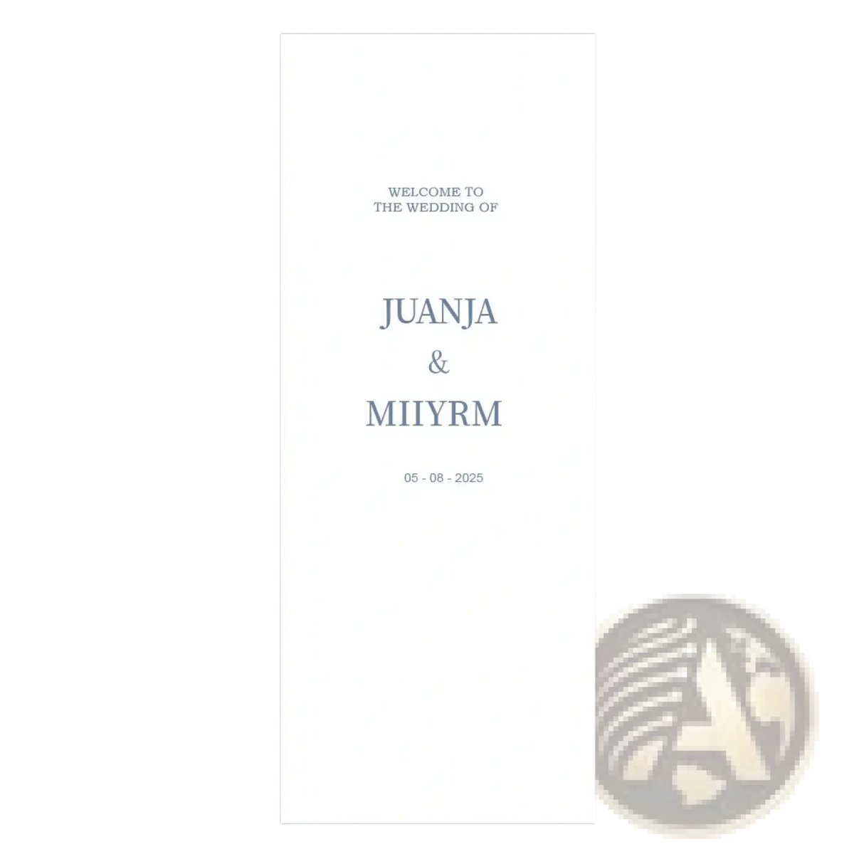 Minimalist white personalized fabric wedding welcome sign with elegant gray text announcing Juanja and Miiyrm marriage date