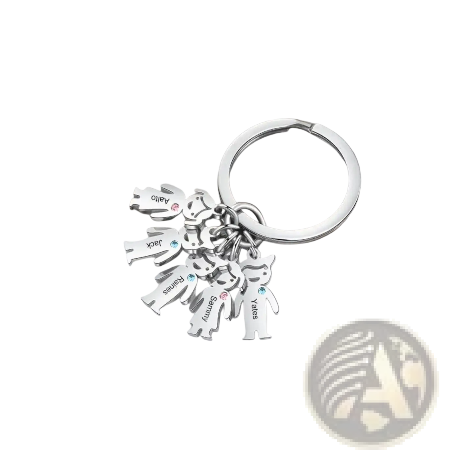 Silver personalized family keychain with custom engraved kids names and small gemstone accents on metal material