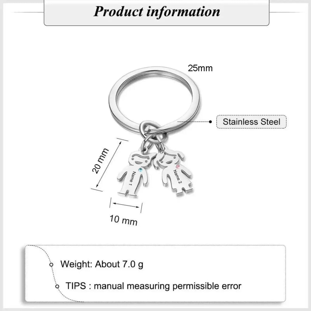 Silver stainless steel personalized family keychain with three engraved child figurines and custom kids names