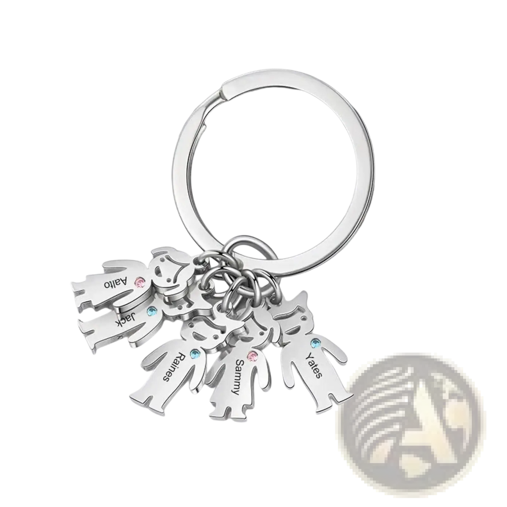 Silver personalized family keychain with custom engraved kids names and small gemstone accents for keepsake use