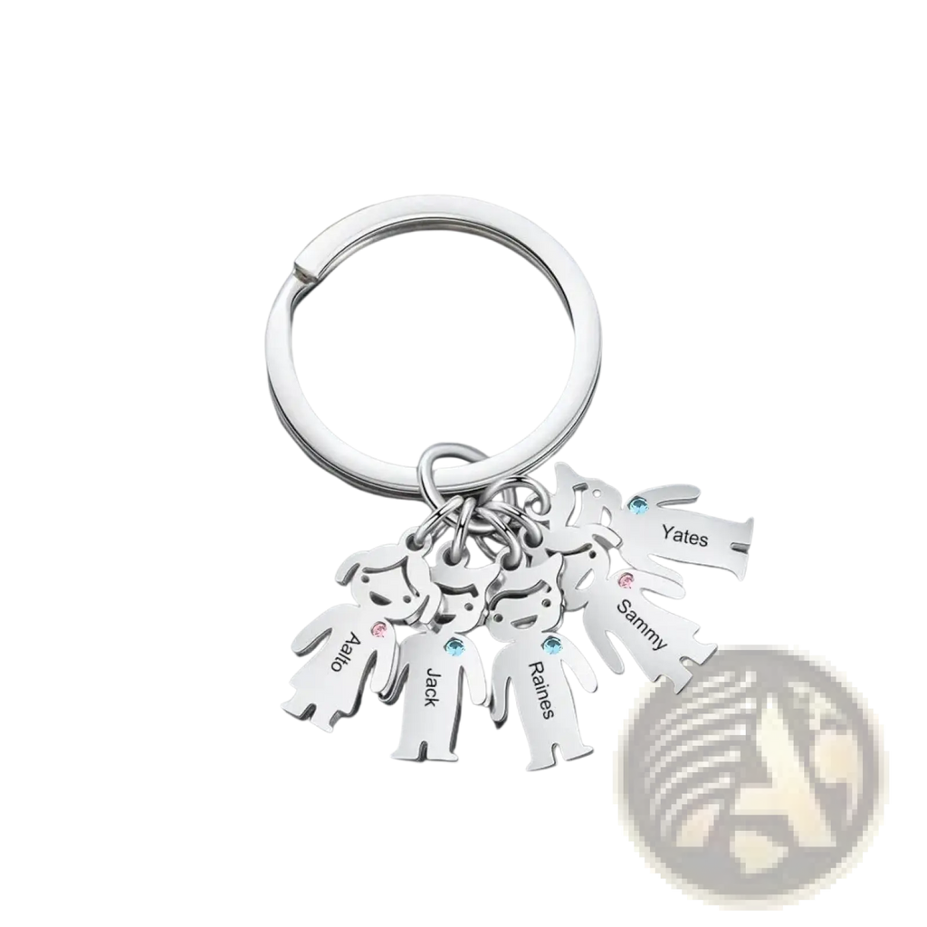 Silver personalized family keychain with custom engraved kids names and colorful gemstone accents for keepsake gift