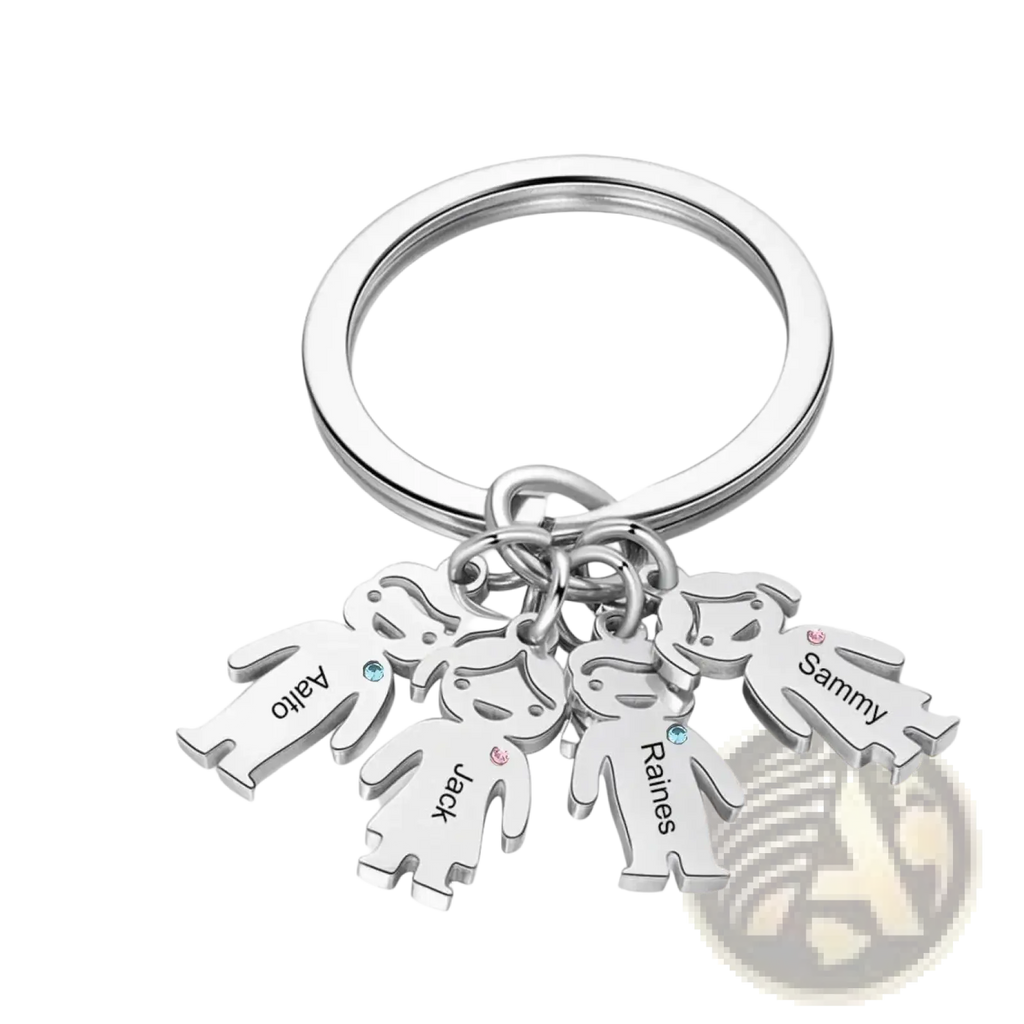 Silver stainless steel personalized family keychain with custom engraved kids names and gemstone accents