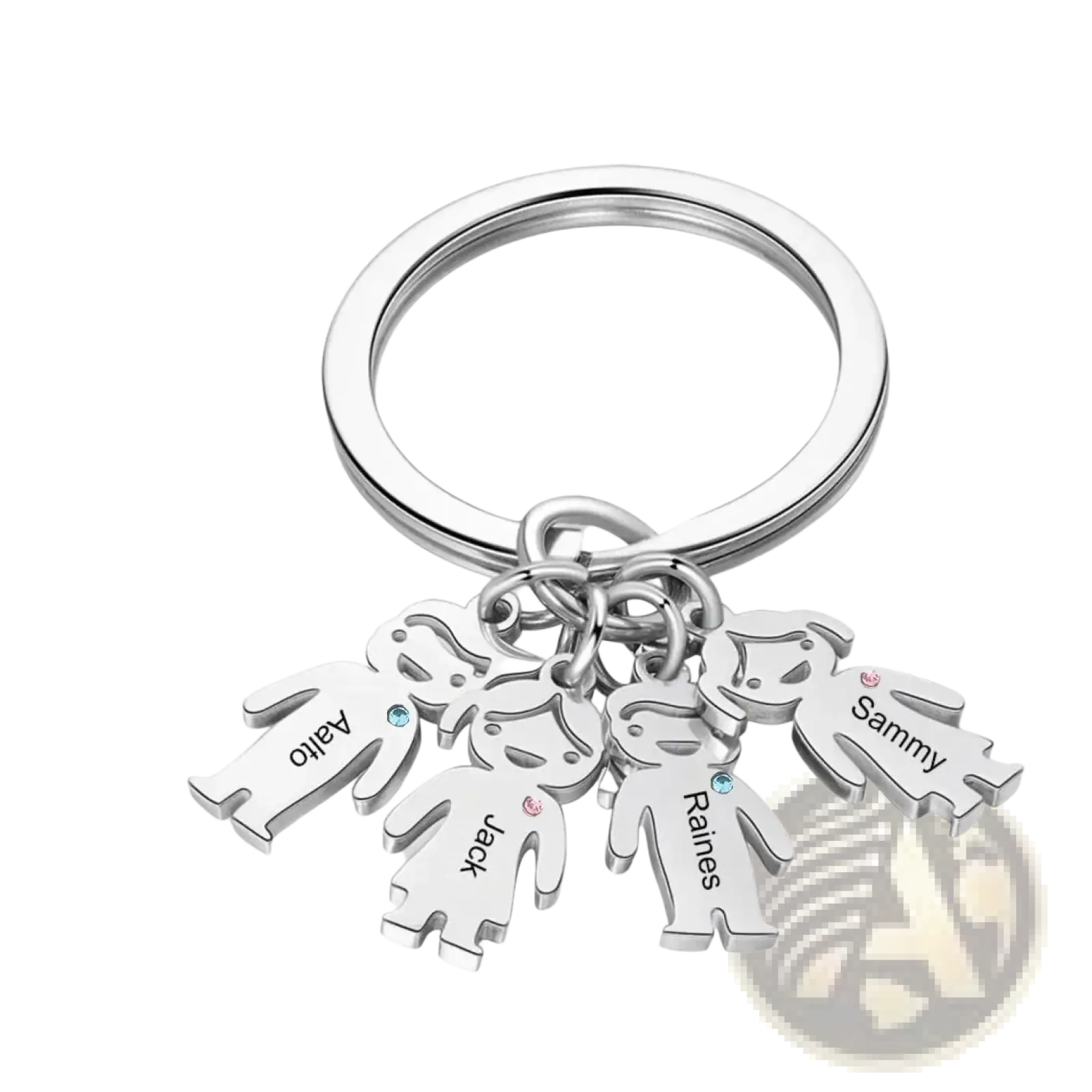 Silver stainless steel personalized family keychain with custom engraved kids names and gemstone accents