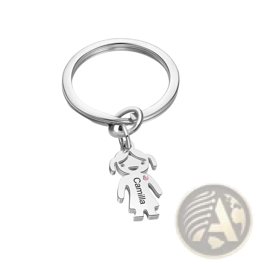 Personalized silver family keychain with custom engraved kids names featuring a girl charm and pink gemstone accent