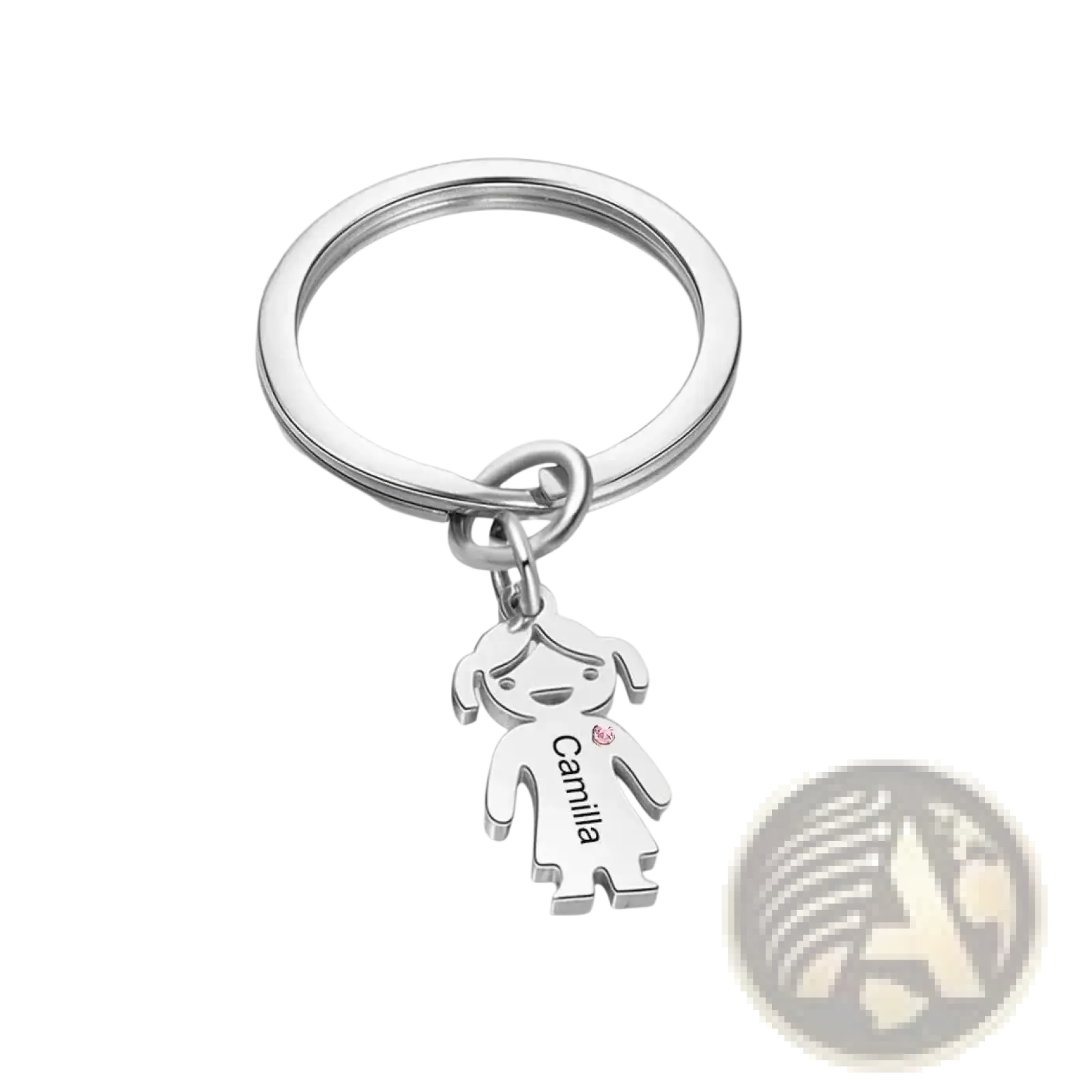 Personalized silver family keychain with custom engraved kids names featuring a girl charm and pink gemstone accent