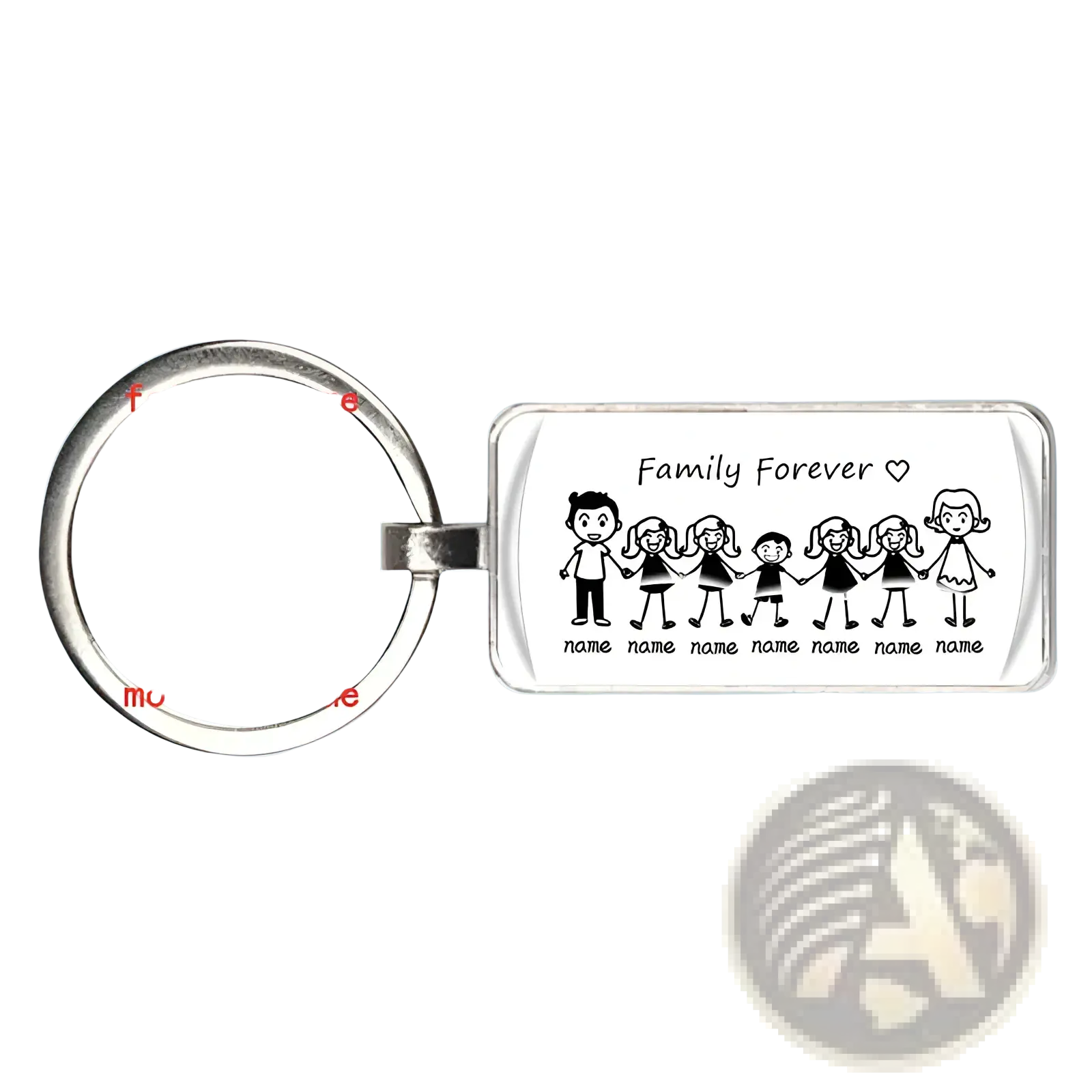 Silver rectangular personalized acrylic keychain with family illustration and family forever inscription