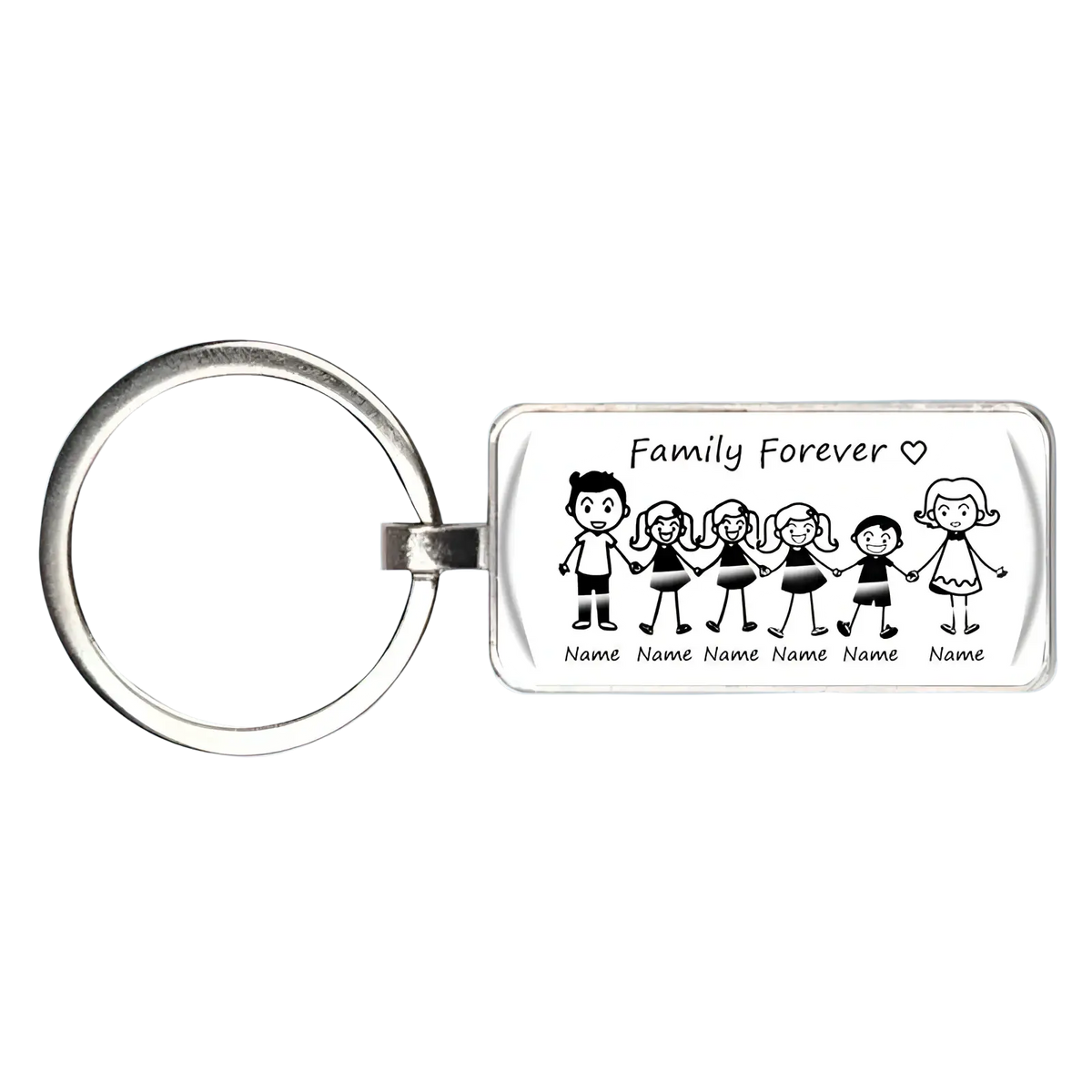 Personalized family name keychain with clear acrylic rectangular charm featuring black stick figure family and family forever text