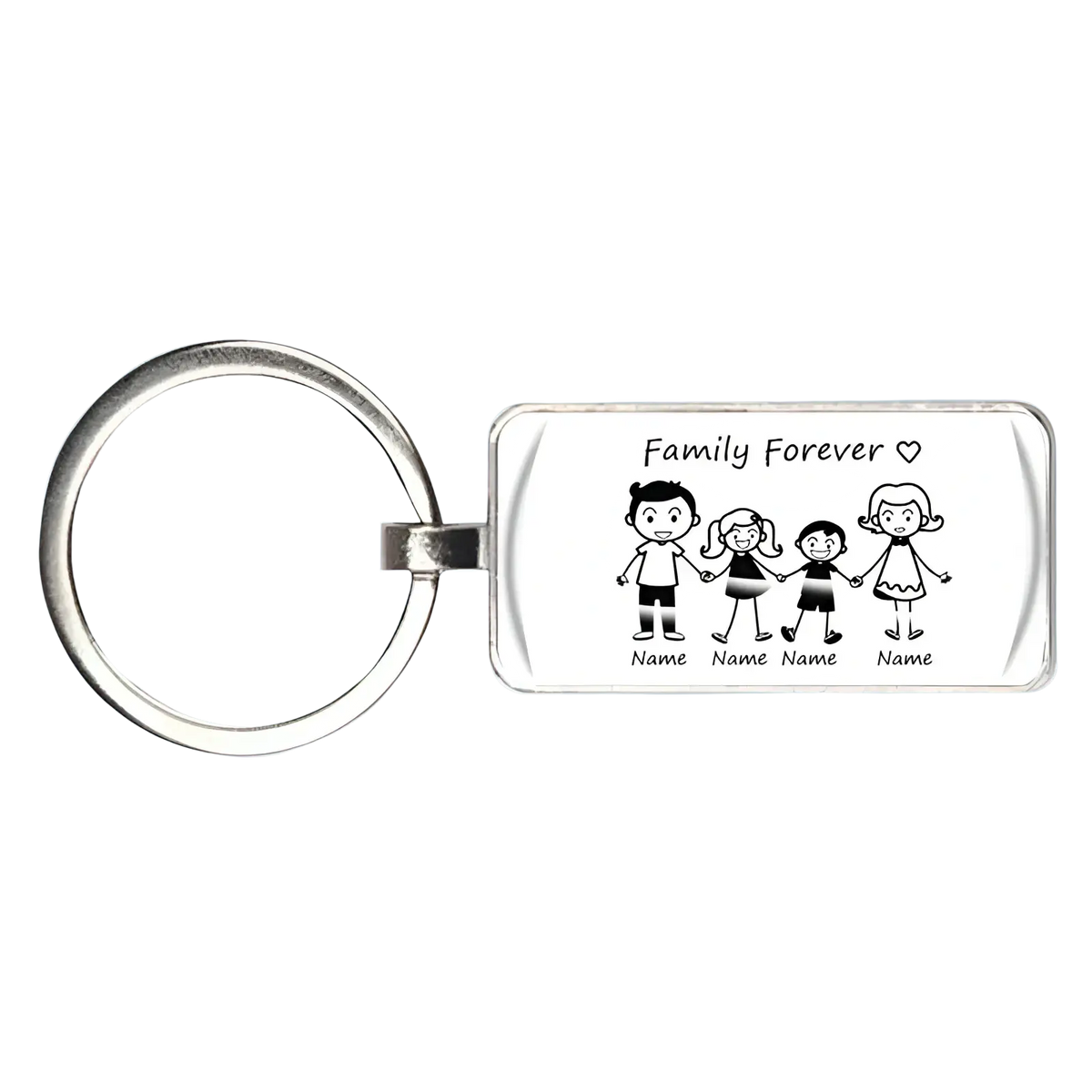 Personalized family name silver keychain with rectangular acrylic plaque featuring black and white family illustration and family forever text