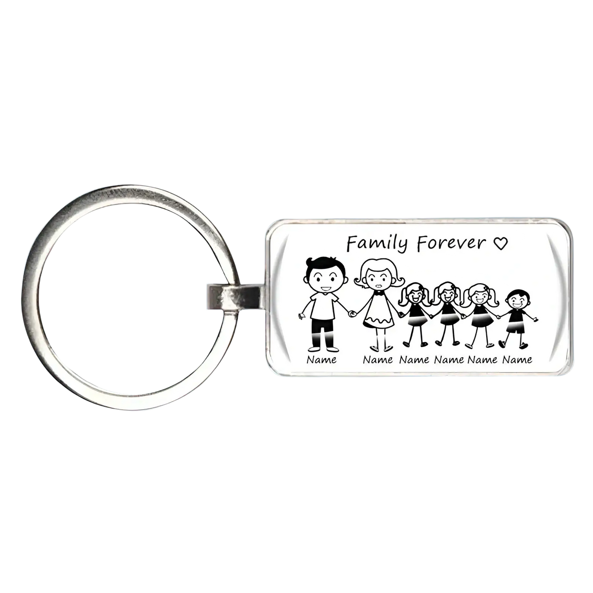 Personalized silver acrylic keychain with rectangular plaque featuring black family illustration and family forever text