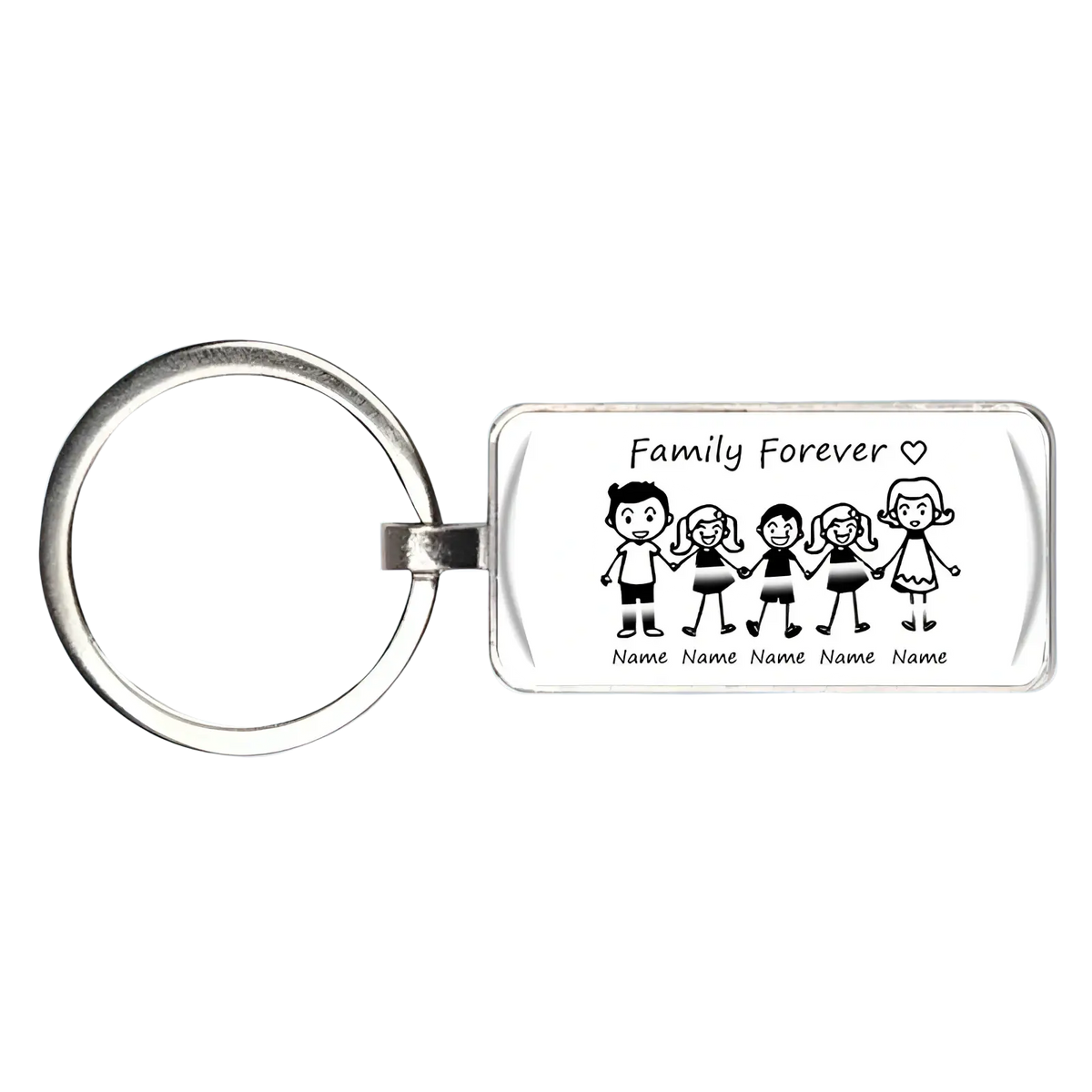 Personalized silver acrylic family name keychain with rectangular plaque, black family illustration, and family forever text