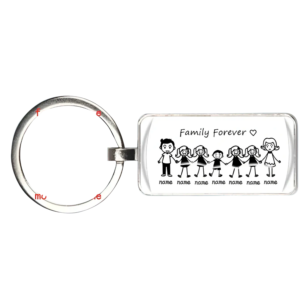 Silver rectangular personalized acrylic keychain with family illustration and family forever inscription