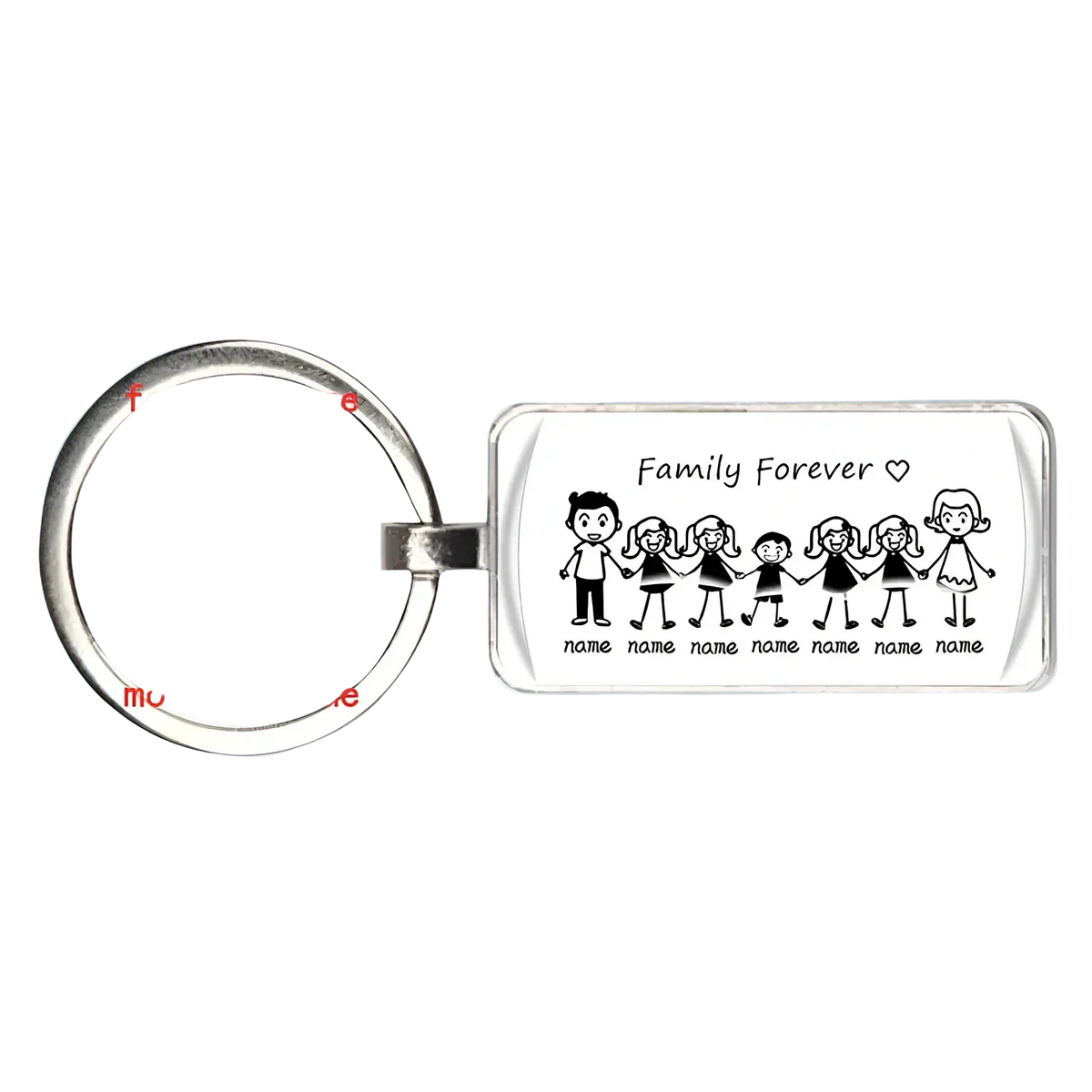 Silver rectangular personalized acrylic keychain with family illustration and family forever inscription