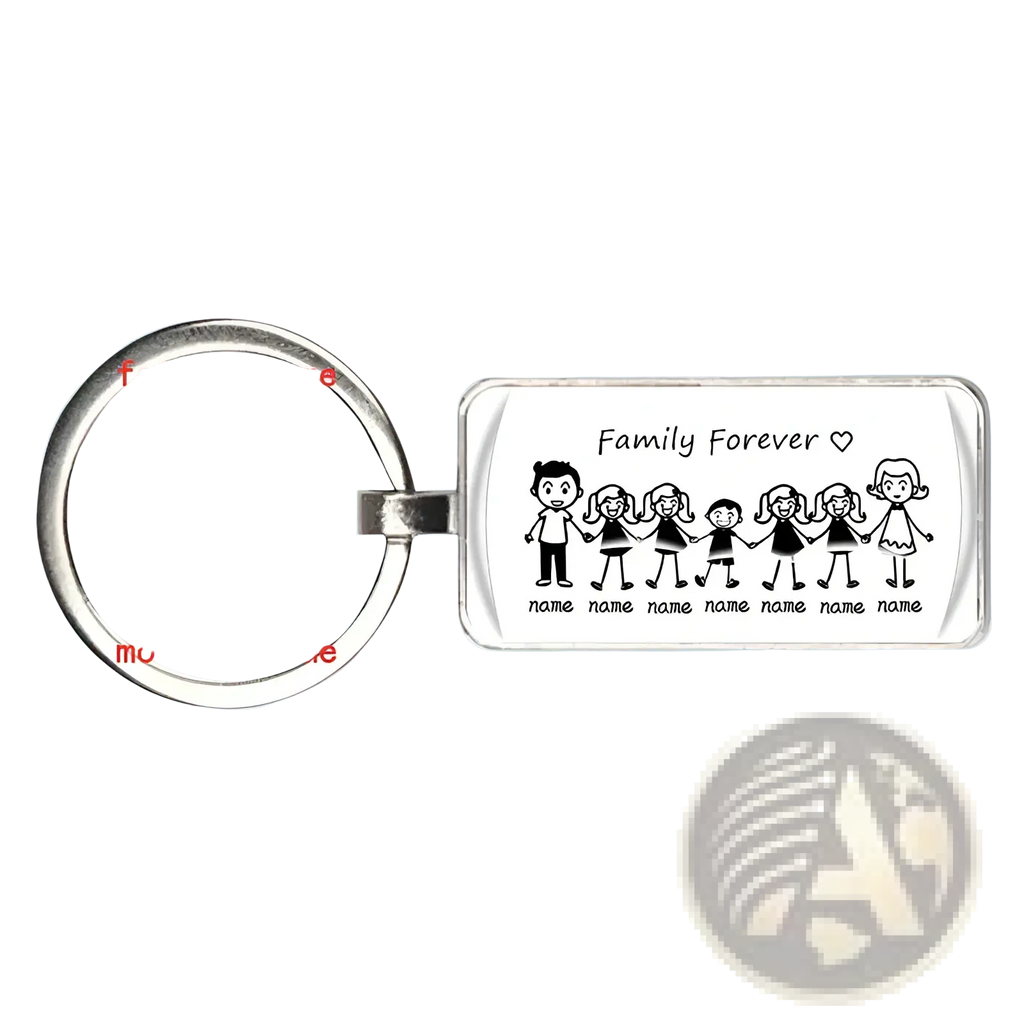 Silver rectangular acrylic keychain with family illustration and family forever inscription personalized family name keychain