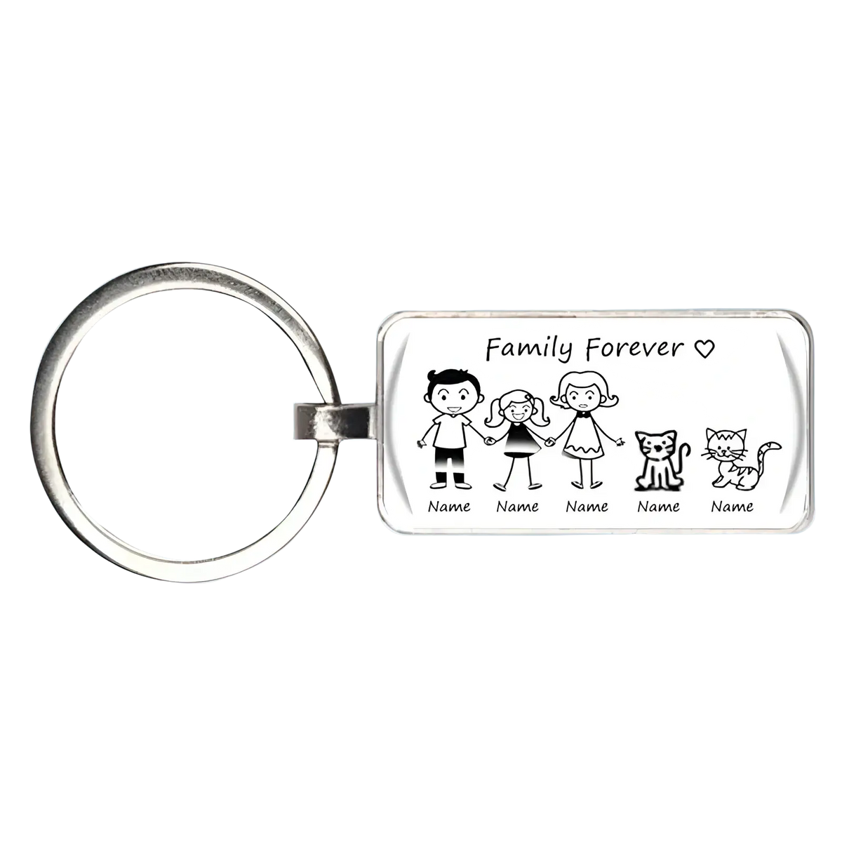 Silver rectangular acrylic keychain featuring black-and-white family illustration with customizable name slots beneath each figure