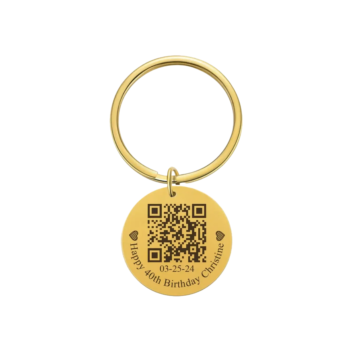 Gold circular metal keychain with engraved text and qr code personalized fingerprint qr code keychain gift