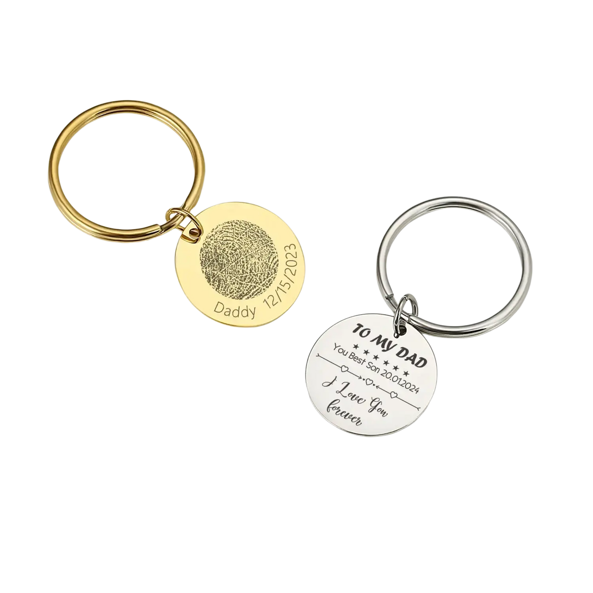 Personalized fingerprint qr code keychain gift in gold and silver featuring engraved fingerprint designs and heartfelt messages