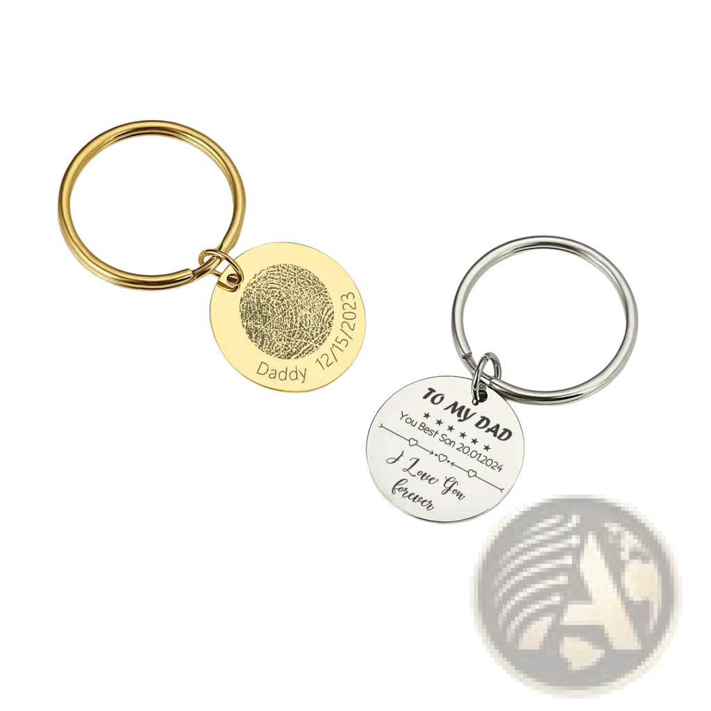 Personalized fingerprint qr code keychain gift in gold and silver featuring engraved fingerprint designs and heartfelt messages