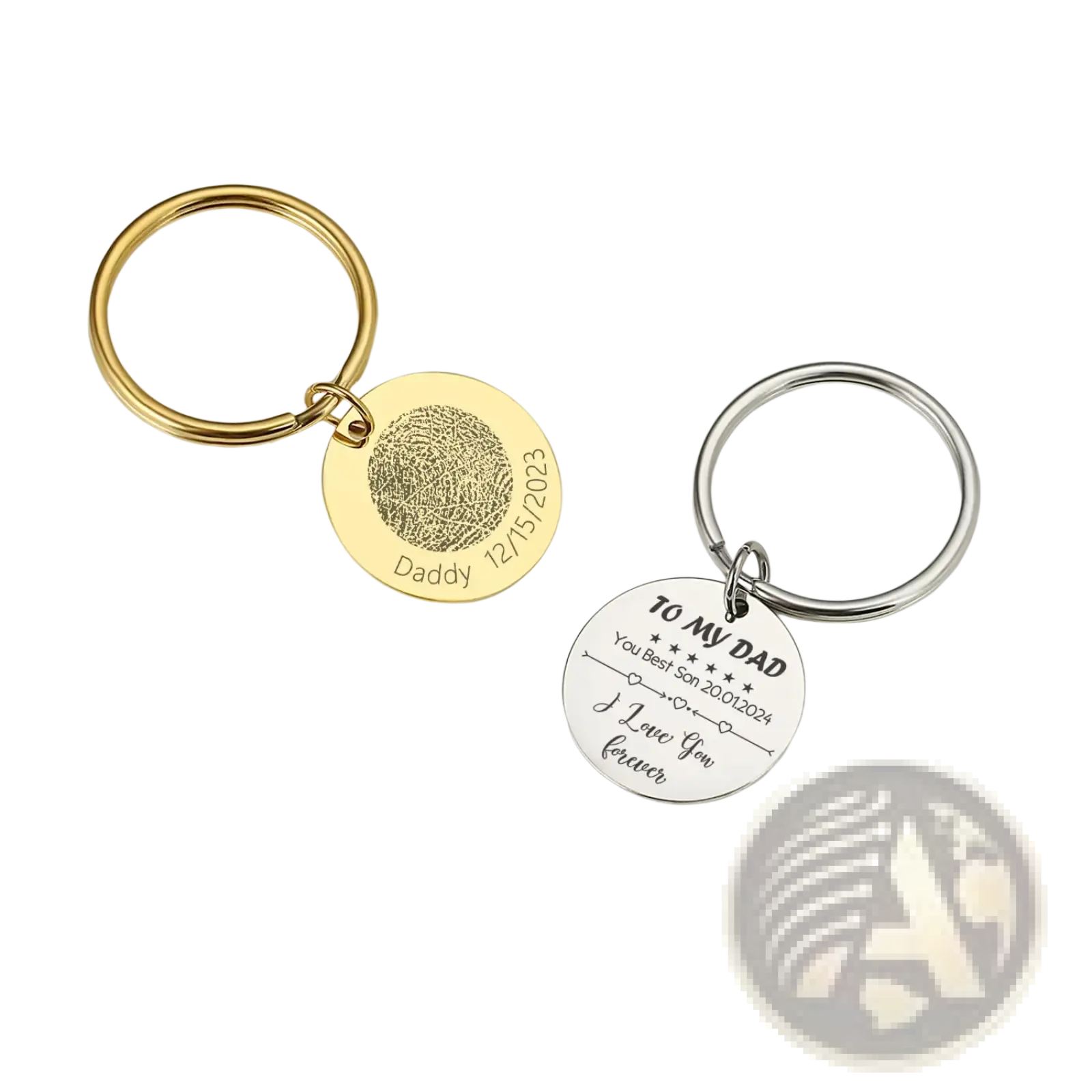 Personalized fingerprint qr code keychain gift in gold and silver featuring engraved fingerprint designs and heartfelt messages