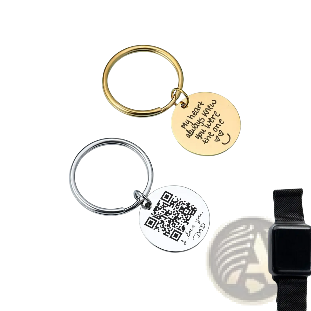Gold and silver metal personalized fingerprint qr code keychains with engraved circular discs for custom gifts
