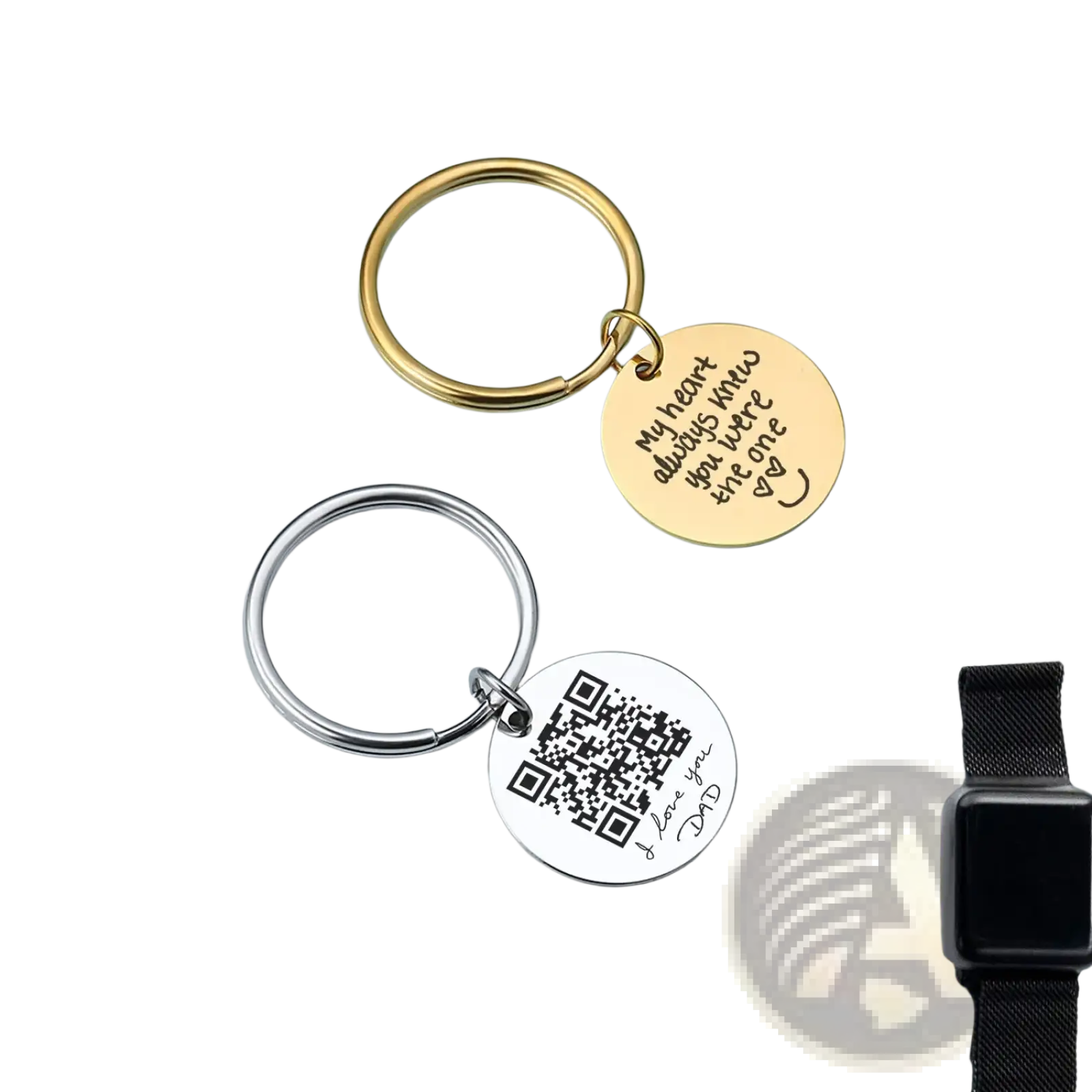 Gold and silver metal personalized fingerprint qr code keychains with engraved circular discs for custom gifts