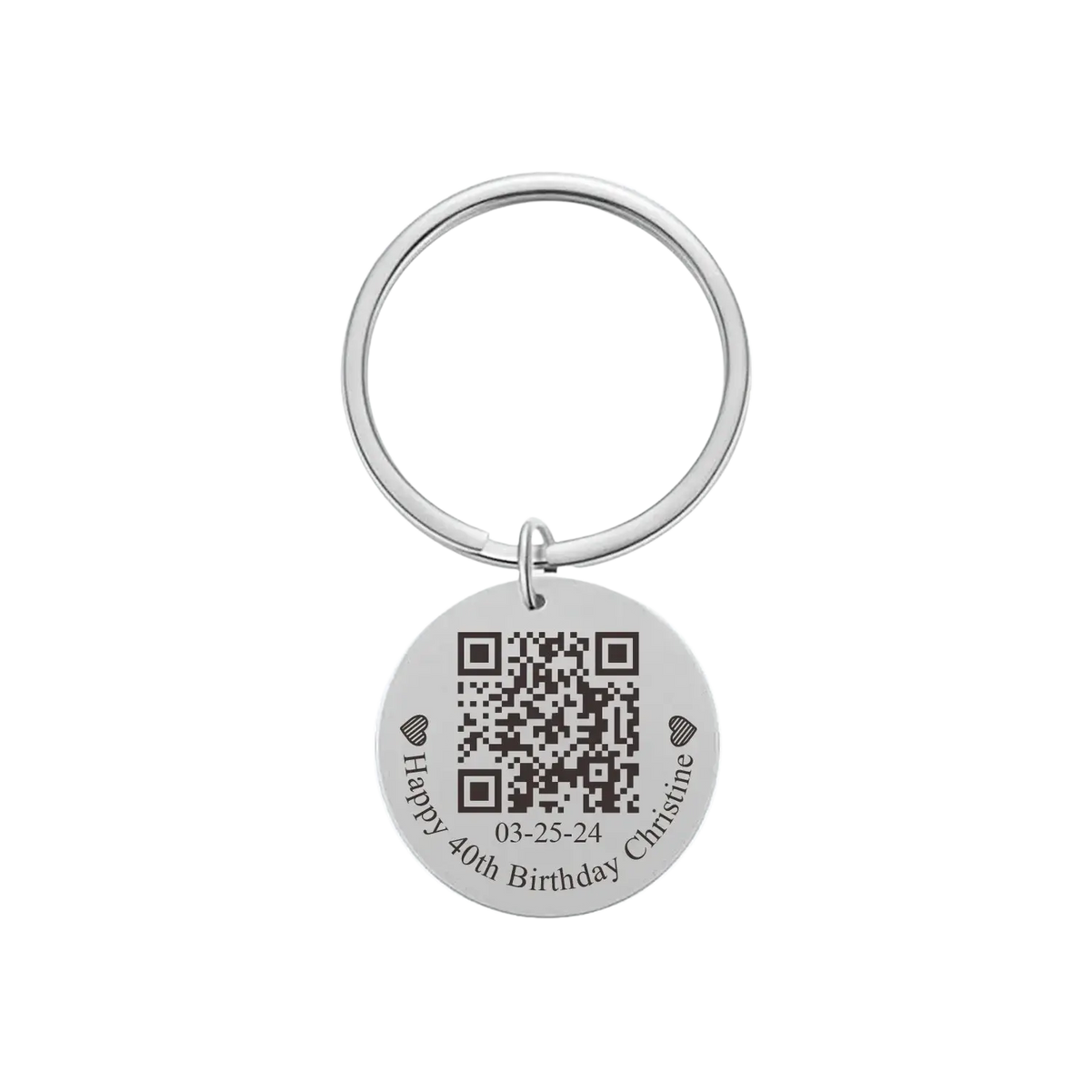 Silver circular personalized fingerprint qr code keychain with happy 40th birthday christine engraving and date 03-25-24
