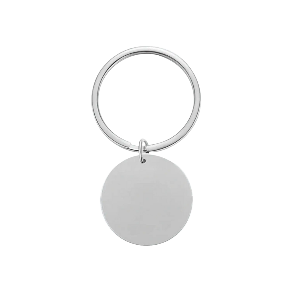 Silver circular personalized fingerprint QR code keychain with smooth polished metal disc hanging from sleek ring