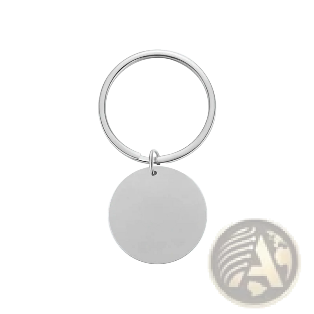 Silver circular personalized fingerprint QR code keychain with smooth polished metal disc hanging from sleek ring