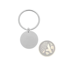 Silver circular personalized fingerprint QR code keychain with smooth polished metal disc hanging from sleek ring