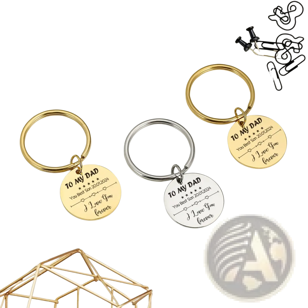 Three metallic personalized fingerprint qr code keychains in gold and silver engraved with to my dad i love you forever