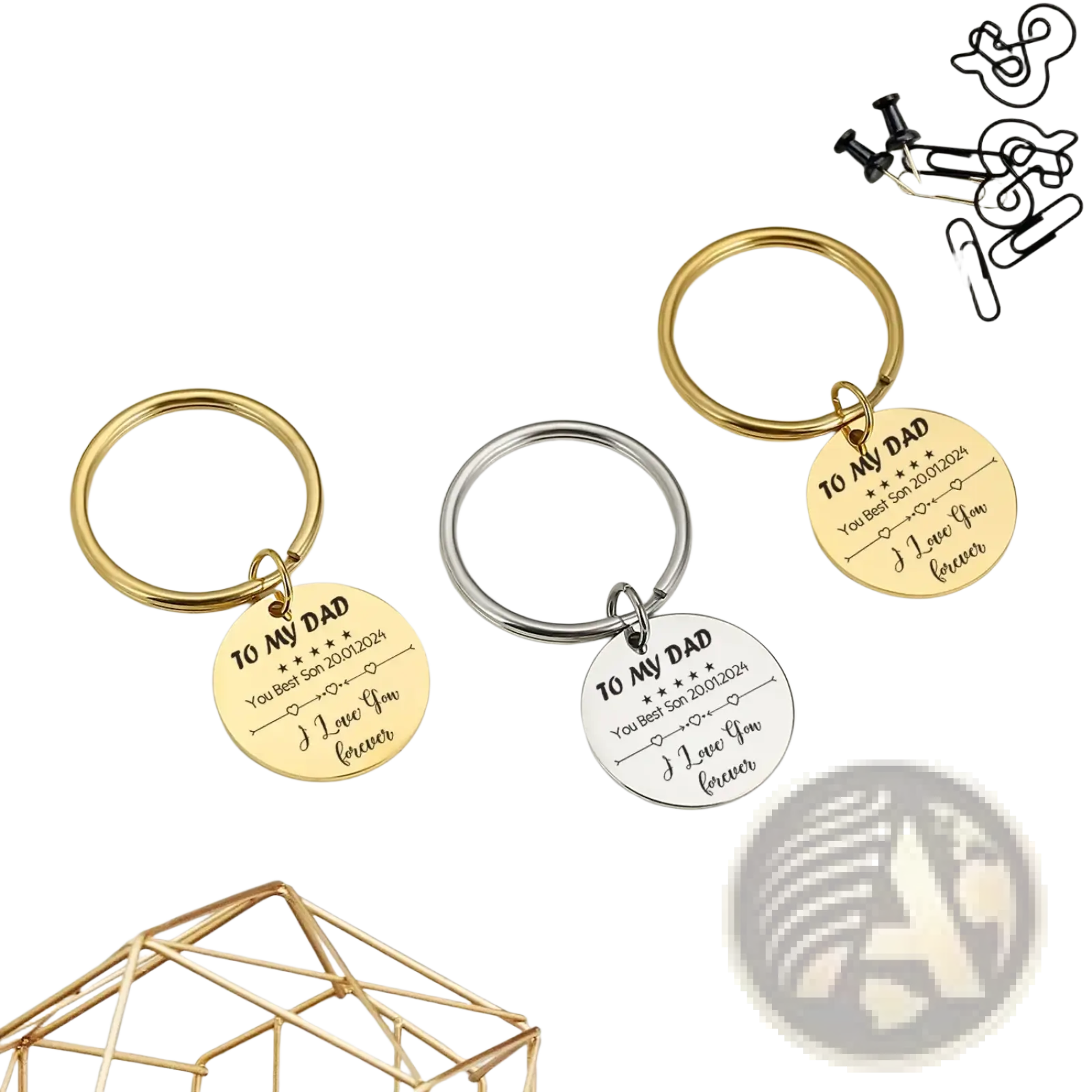 Three metallic personalized fingerprint qr code keychains in gold and silver engraved with to my dad i love you forever