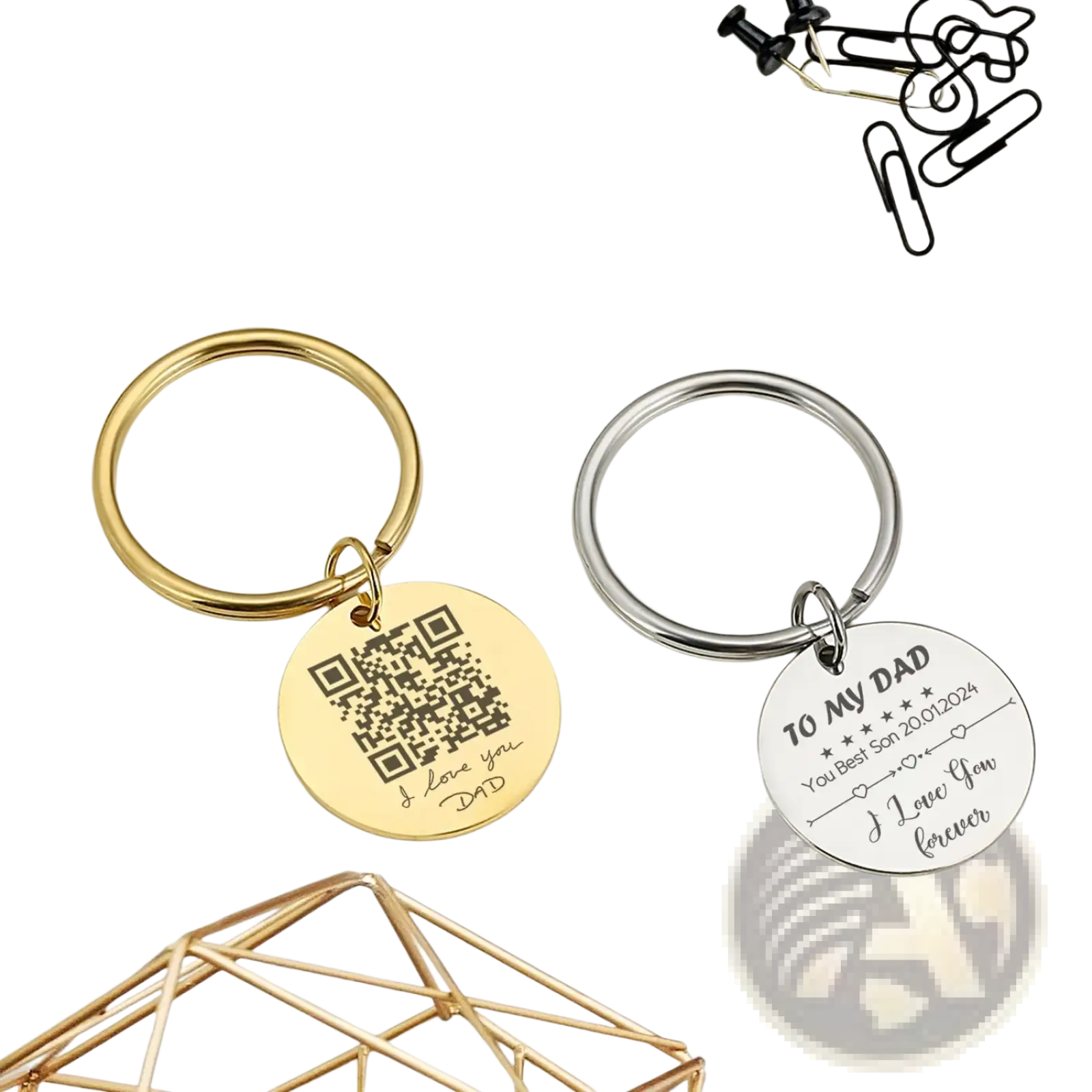 Two personalized fingerprint QR code keychain gifts with gold and silver circular metal charms featuring engravings