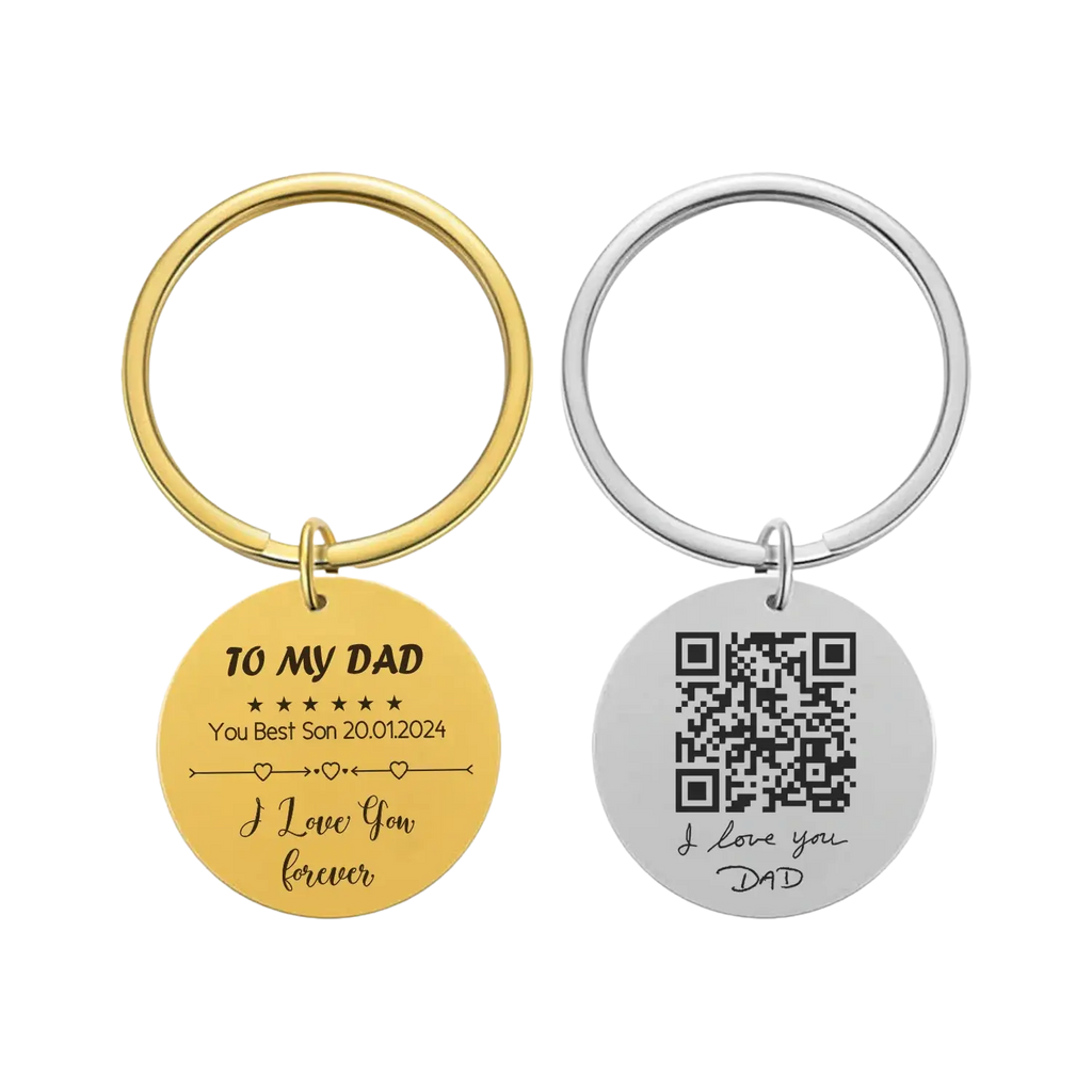Two personalized fingerprint QR code keychains in gold-toned and silver-toned metal for custom gift purposes