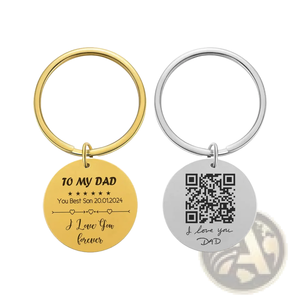 Two personalized fingerprint QR code keychains in gold-toned and silver-toned metal for custom gift purposes
