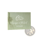 Personalized green linen wedding guest book with mint green textured cover and engraved interlocking rings and names