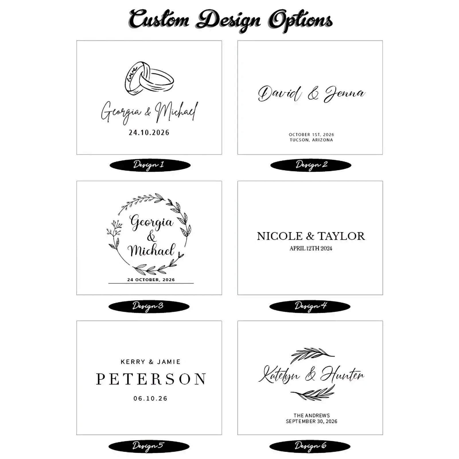 Personalized green linen wedding guest book with custom black ink invitations on white paper featuring names dates and decorative elements
