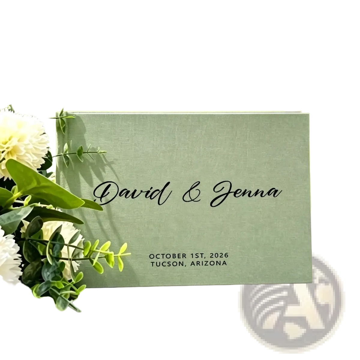 Personalized green linen wedding guest book with black cursive david and jenna and date october 1st 2026 in tucson arizona