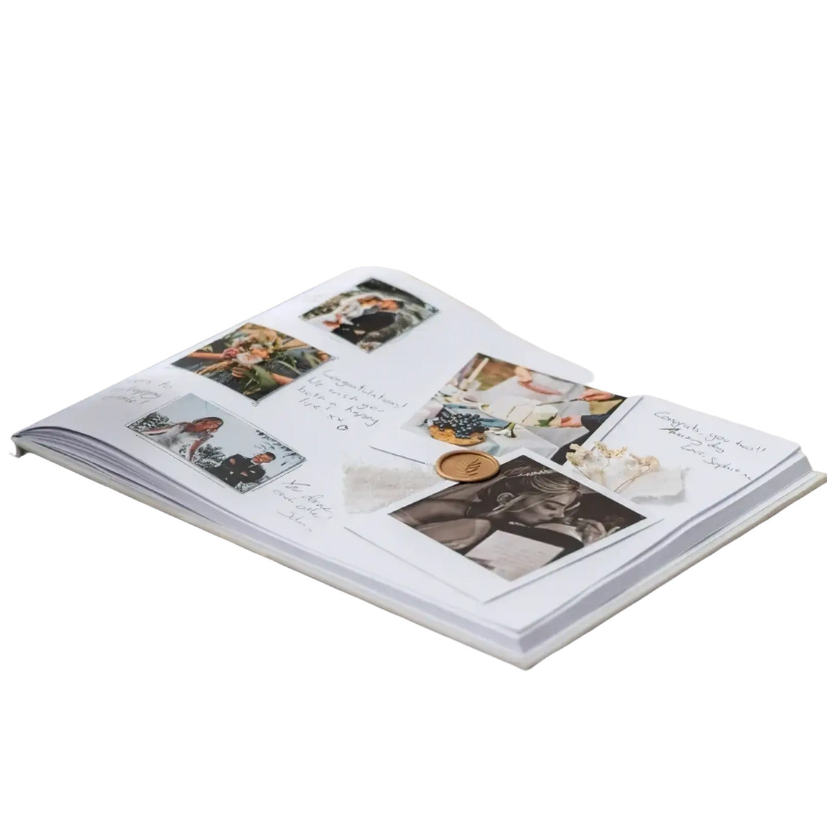 Personalized green linen wedding guest book open showing white pages with photo inserts and handwritten signatures
