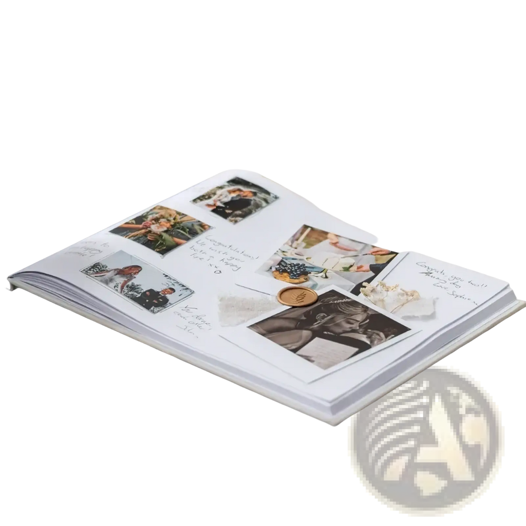 Personalized green linen wedding guest book open showing white pages with photo inserts and handwritten signatures
