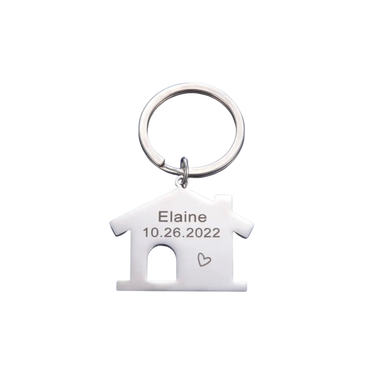 Silver house-shaped keychain made of metal with engraved name and date personalized for couple gift