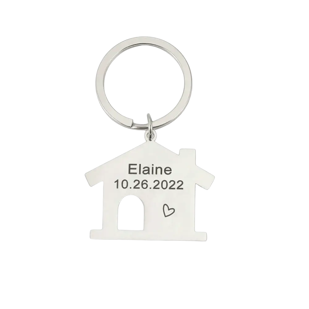 Silver personalized house-shaped keychain with engraved name date and small heart design custom couple gift