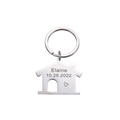 Silver house-shaped keychain made of metal with engraved name and date personalized as a custom couple gift